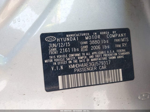 KMHDH4AE3GU579317 Hyundai Elantra Value Edition