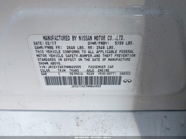 Продажа на аукционе авто 2017 Infiniti Q50 3.0t Premium, vin: JN1EV7AR7HM840555, номер лота: 45847049