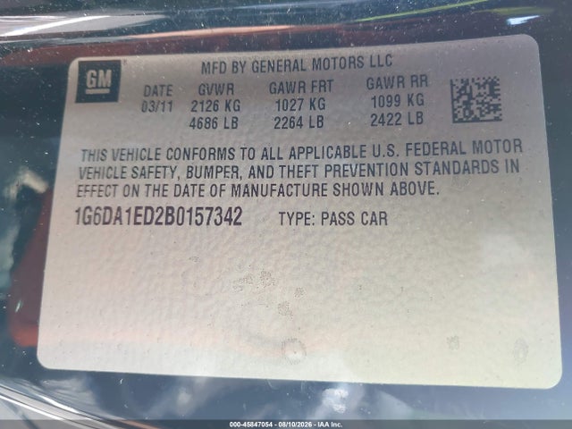 45847054 :رقم المزاد ، 1G6DA1ED2B0157342 vin ، 2011 Cadillac Cts مزاد بيع