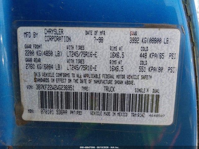 Продажа на аукционе авто 1998 Dodge Ram 2500 St, vin: 3B7KF22W2WG236951, номер лота: 45847086