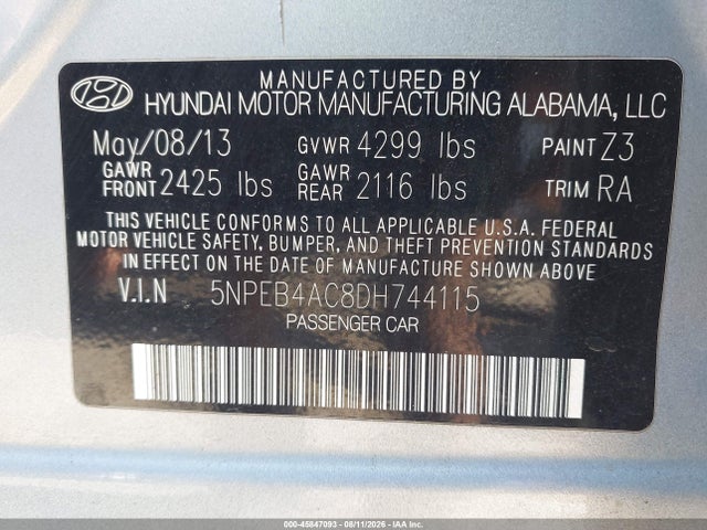 45847093 :رقم المزاد ، 5NPEB4AC8DH744115 vin ، 2013 Hyundai Sonata Gls مزاد بيع