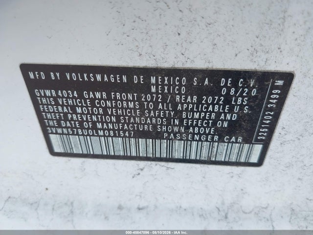 Продажа на аукционе авто 2020 Volkswagen Jetta 1.4t R-line/1.4t S, vin: 3VWN57BU0LM081547, номер лота: 45847096