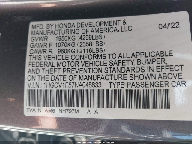Honda Accord Ex-l 2022 1HGCV1F57NA048833 Image 9