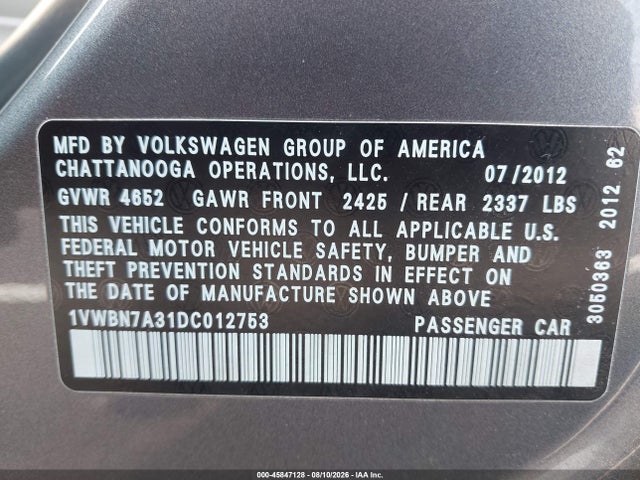 Auction sale of the 2013 Volkswagen Passat 2.0l Tdi Se, vin: 1VWBN7A31DC012753, lot number: 45847128