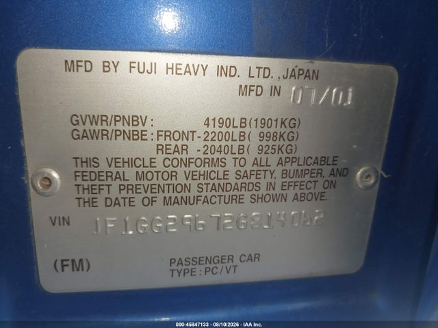 Продажа на аукционе авто 2002 Subaru Impreza Wrx, vin: JF1GG29672G814062, номер лота: 45847133