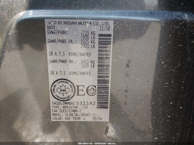 Продажа на аукционе авто 2019 Infiniti Qx60 Luxe/pure, vin: 5N1DL0MM6KC531142, номер лота: 45847138