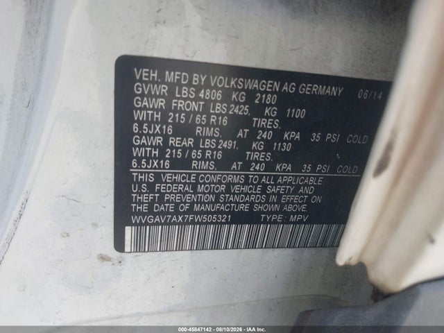 2015 Volkswagen Tiguan S მანქანა იყიდება აუქციონზე, vin: WVGAV7AX7FW505321, აუქციონის ნომერი: 45847142