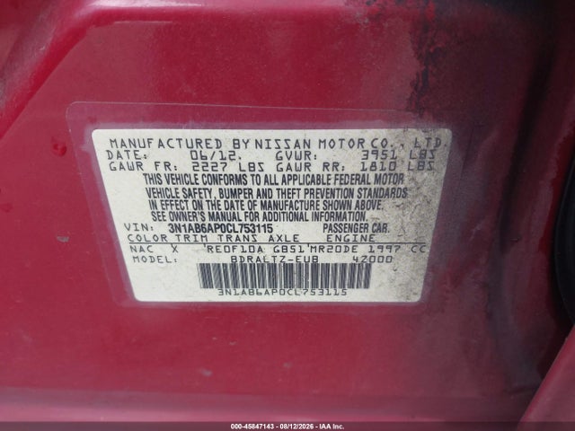 Aukcja sprzedaży 2012 Nissan Sentra 2.0 S, vin: 3N1AB6AP0CL753115, numer aukcji: 45847143