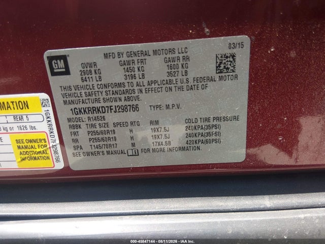 GMC Acadia Slt-1 2015 1GKKRRKD7FJ298766 Image 9