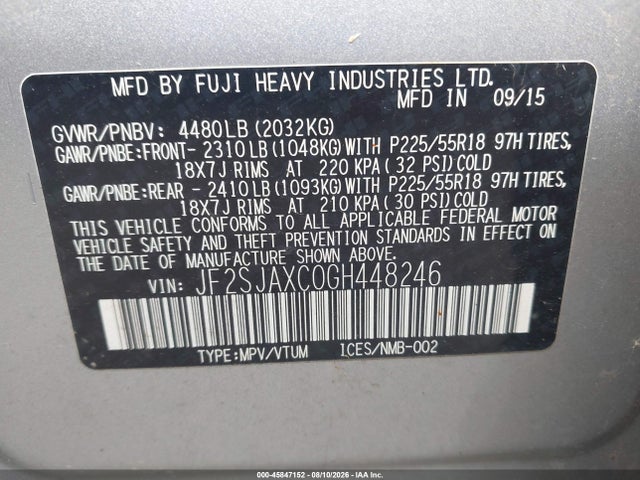 Продажа на аукционе авто 2016 Subaru Forester 2.5i Touring, vin: JF2SJAXC0GH448246, номер лота: 45847152