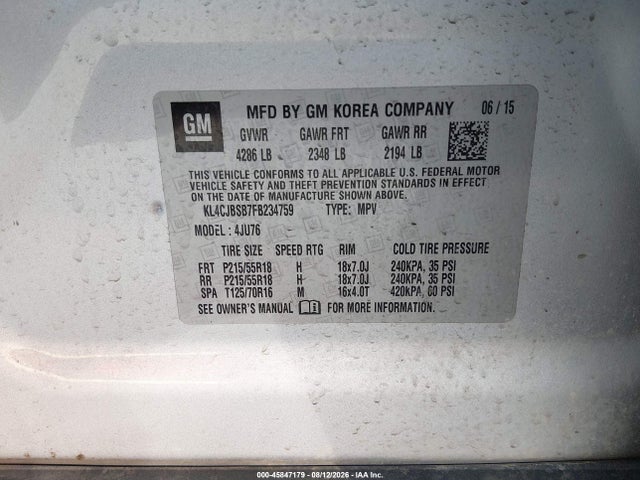 Aukcja sprzedaży 2015 Buick Encore Convenience, vin: KL4CJBSB7FB234759, numer aukcji: 45847179