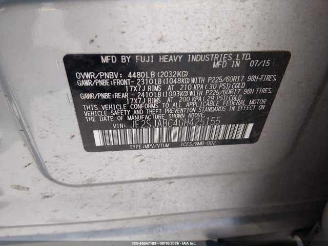 Продажа на аукционе авто 2016 Subaru Forester 2.5i, vin: JF2SJABC4GH425155, номер лота: 45847183