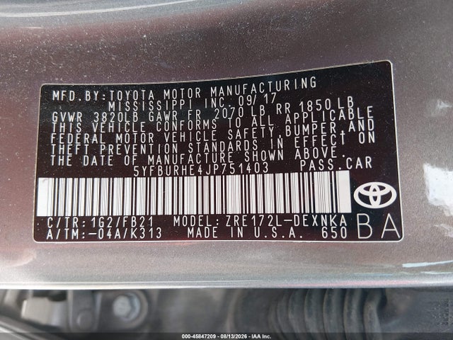 Продаж на аукціоні авто 2018 Toyota Corolla Le, vin: 5YFBURHE4JP751403, номер лоту: 45847209