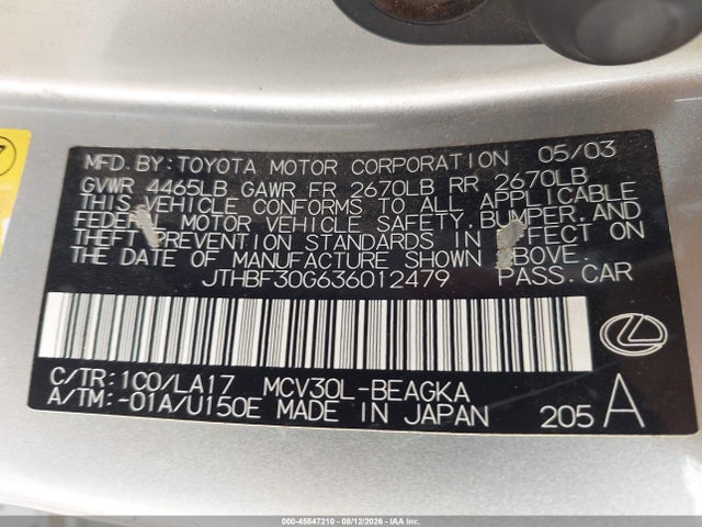 45847210 :رقم المزاد ، JTHBF30G636012479 vin ، 2003 Lexus Es 300 مزاد بيع