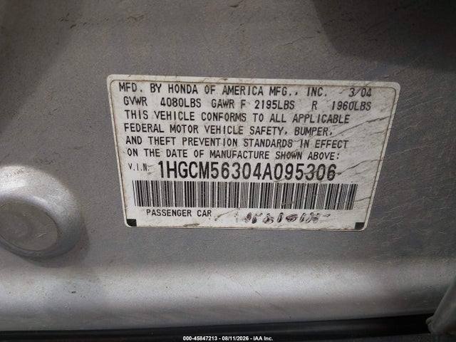 2004 Honda Accord 2.4 Lx მანქანა იყიდება აუქციონზე, vin: 1HGCM56304A095306, აუქციონის ნომერი: 45847213