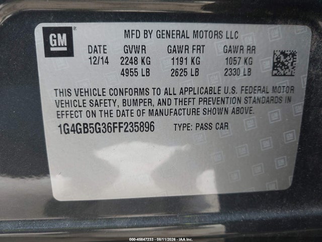 2015 Buick Lacrosse Leather მანქანა იყიდება აუქციონზე, vin: 1G4GB5G36FF235896, აუქციონის ნომერი: 45847233