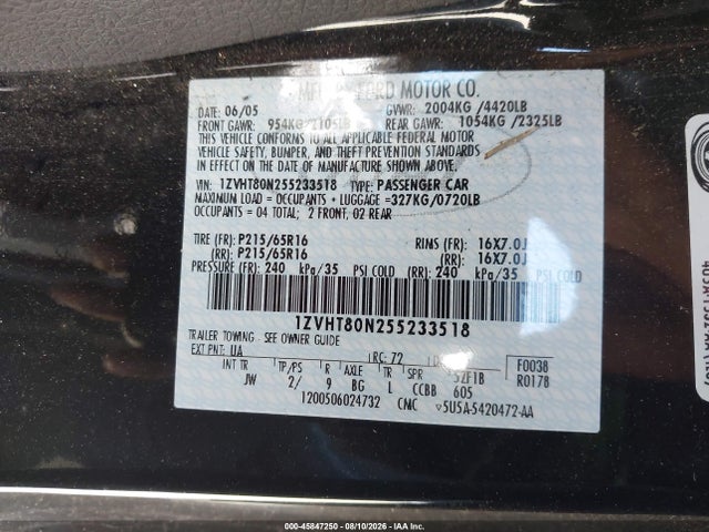 Продаж на аукціоні авто 2005 Ford Mustang V6 Deluxe/v6 Premium, vin: 1ZVHT80N255233518, номер лоту: 45847250