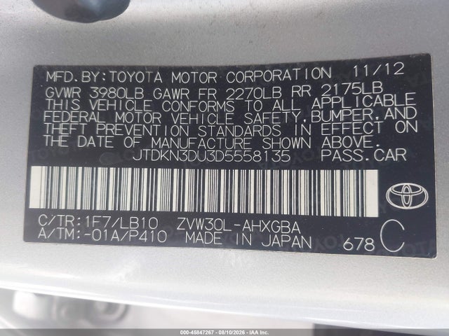 45847267 :رقم المزاد ، JTDKN3DU3D5558135 vin ، 2013 Toyota Prius Four مزاد بيع