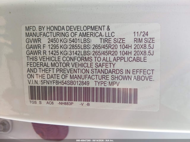 Aukcja sprzedaży 2025 Honda Passport Awd Ex-l, vin: 5FNYF8H54SB012849, numer aukcji: 45847269