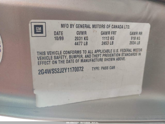 Aukcja sprzedaży 2000 Buick Century Custom, vin: 2G4WS52J2Y1170072, numer aukcji: 45847274