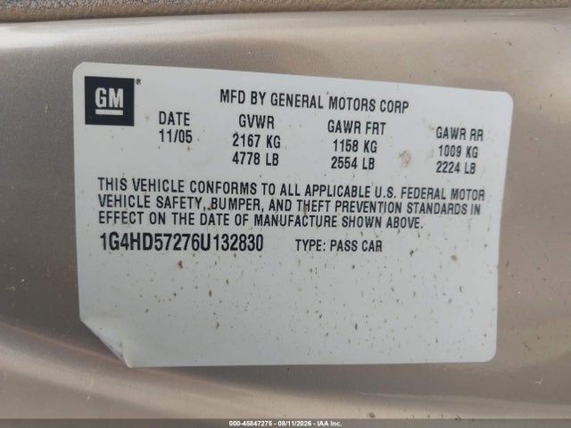 2006 Buick Lucerne Cxl მანქანა იყიდება აუქციონზე, vin: 1G4HD57276U132830, აუქციონის ნომერი: 45847275