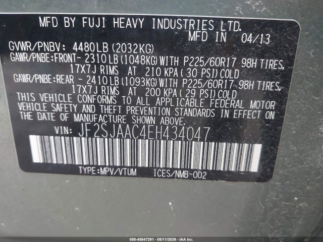 Aukcja sprzedaży 2014 Subaru Forester 2.5i, vin: JF2SJAAC4EH434047, numer aukcji: 45847291