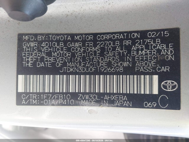 Продаж на аукціоні авто 2015 Toyota Prius Two, vin: JTDKN3DU0F1926698, номер лоту: 45847295