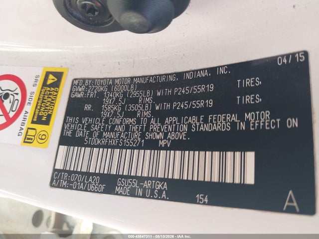 Toyota Highlander Limited V6 2015 5TDDKRFHXFS155271 Image 9