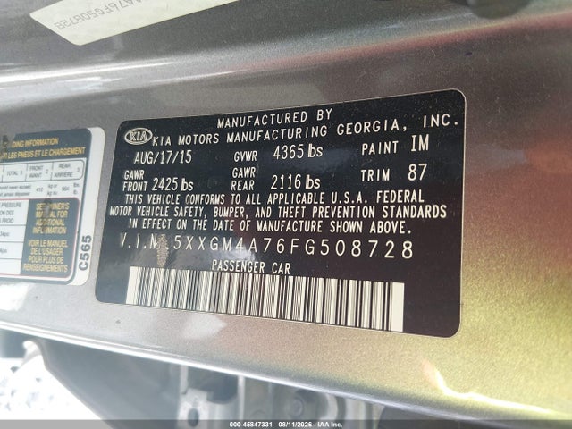 45847331 :رقم المزاد ، 5XXGM4A76FG508728 vin ، 2015 Kia Optima Lx مزاد بيع