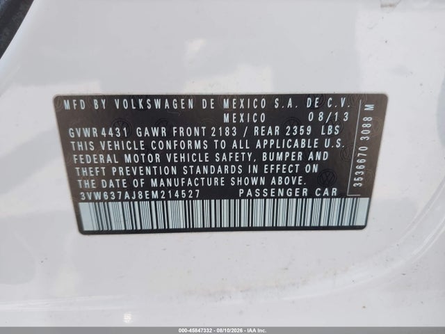 Продажа на аукционе авто 2014 Volkswagen Jetta Hybrid Sel, vin: 3VW637AJ8EM214527, номер лота: 45847332