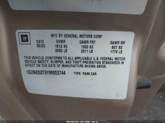 Продаж на аукціоні авто 2000 Pontiac Grand Am Se, vin: 1G2NE52T9YM853744, номер лоту: 45847354