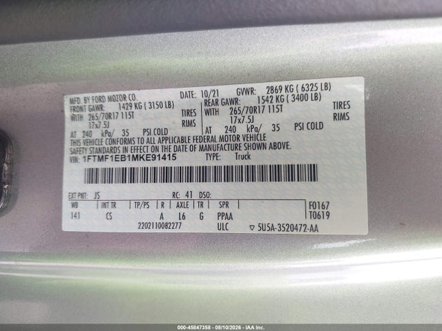 Продаж на аукціоні авто 2021 Ford F-150 Xl, vin: 1FTMF1EB1MKE91415, номер лоту: 45847358