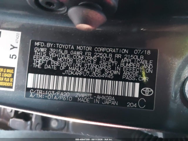 JTDKARFU7J3064945 Toyota Prius Three
