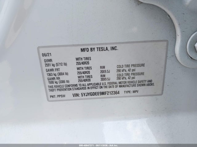 Aukcja sprzedaży 2021 Tesla Model Y Long Range Dual Motor All-wheel Drive, vin: 5YJYGDEE9MF212364, numer aukcji: 45847371