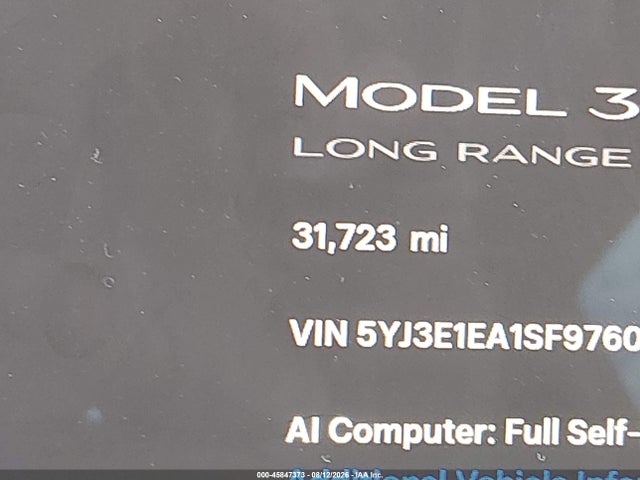 45847373 :رقم المزاد ، 5YJ3E1EA1SF976024 vin ، 2025 Tesla Model 3 Long Range Rear-wheel Drive/standard Rear-wheel Drive مزاد بيع
