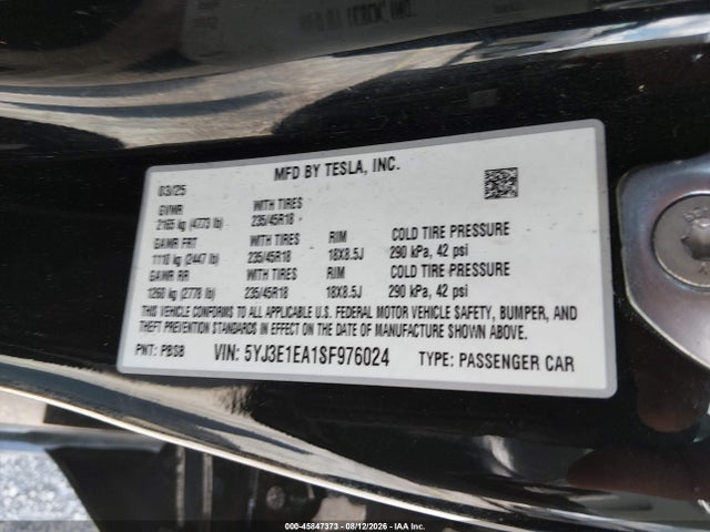 45847373 :رقم المزاد ، 5YJ3E1EA1SF976024 vin ، 2025 Tesla Model 3 Long Range Rear-wheel Drive/standard Rear-wheel Drive مزاد بيع