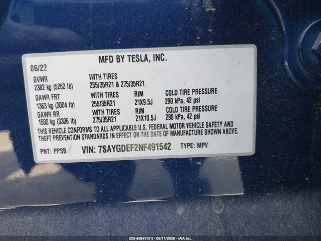 7SAYGDEF2NF491542 Tesla Model Y Performance Dual Motor All-wheel Drive