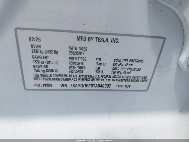 45847375 :رقم المزاد ، 7SAYGDEE9TA640997 vin ، 2026 Tesla Model Y All-wheel Drive/long Range Launch Series/premium All-wheel Drive مزاد بيع