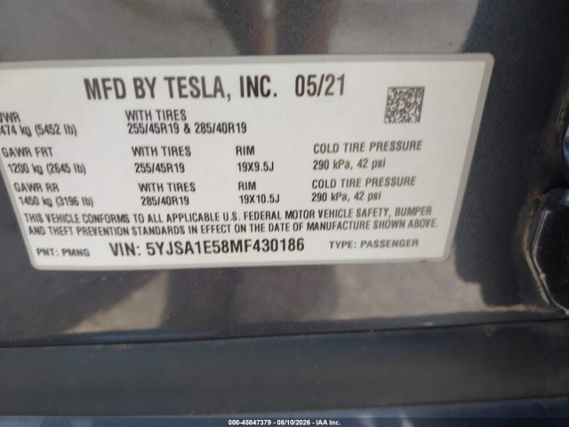 Продаж на аукціоні авто 2021 Tesla Model S Long Range Dual Motor All-wheel Drive, vin: 5YJSA1E58MF430186, номер лоту: 45847379
