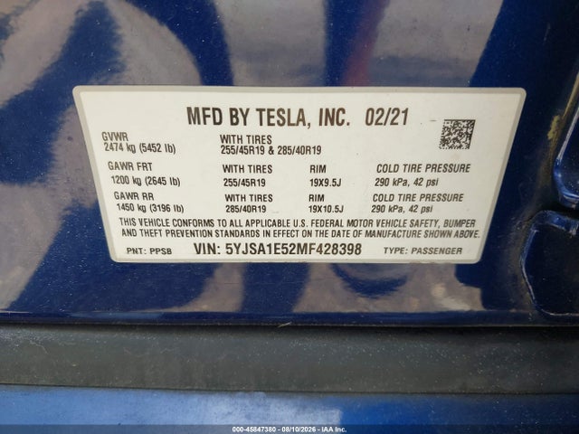 Продаж на аукціоні авто 2021 Tesla Model S Long Range Dual Motor All-wheel Drive, vin: 5YJSA1E52MF428398, номер лоту: 45847380
