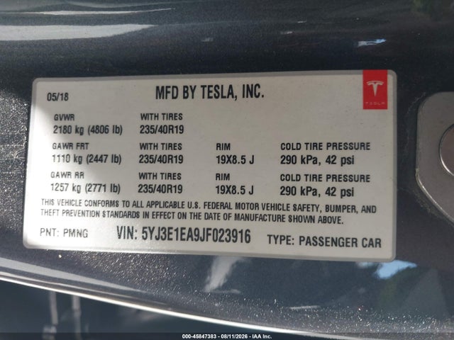 45847383 :رقم المزاد ، 5YJ3E1EA9JF023916 vin ، 2018 Tesla Model 3 Long Range/mid Range مزاد بيع