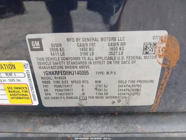 Aukcja sprzedaży 2017 Chevrolet Traverse Ls, vin: 1GNKRFED8HJ140095, numer aukcji: 45847386