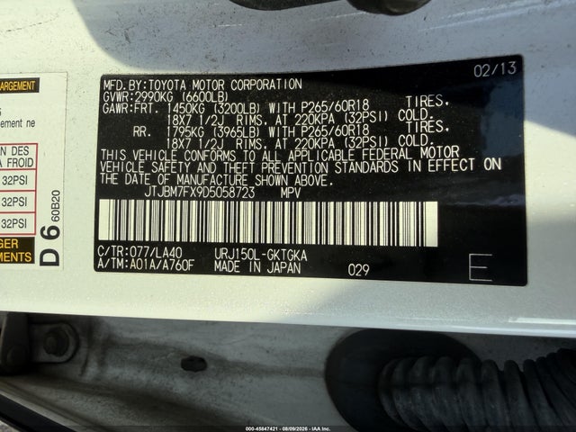45847421 :رقم المزاد ، JTJBM7FX9D5058723 vin ، 2013 Lexus Gx 460 مزاد بيع