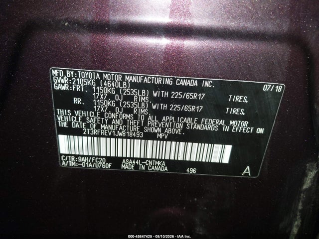 45847425 :رقم المزاد ، 2T3RFREV1JW818493 vin ، 2018 Toyota Rav4 Xle مزاد بيع
