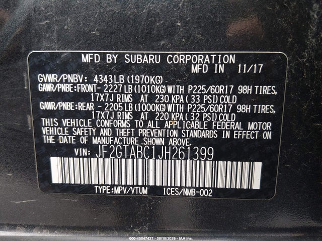Продаж на аукціоні авто 2018 Subaru Crosstrek 2.0i Premium, vin: JF2GTABC1JH261399, номер лоту: 45847427