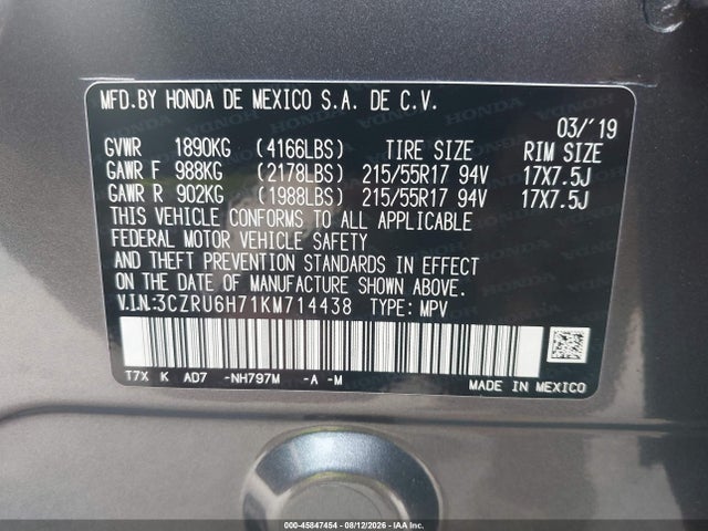 45847454 :رقم المزاد ، 3CZRU6H71KM714438 vin ، 2019 Honda Hr-v Ex-l مزاد بيع
