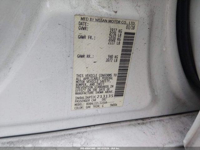 2018 Nissan Altima 2.5 Sv მანქანა იყიდება აუქციონზე, vin: 1N4AL3AP3JC213135, აუქციონის ნომერი: 45847465