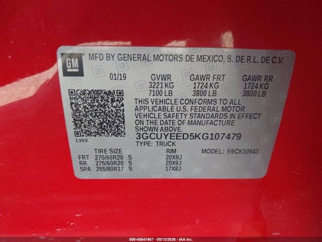 45847467 :رقم المزاد ، 3GCUYEED5KG107479 vin ، 2019 Chevrolet Silverado 1500 Rst مزاد بيع