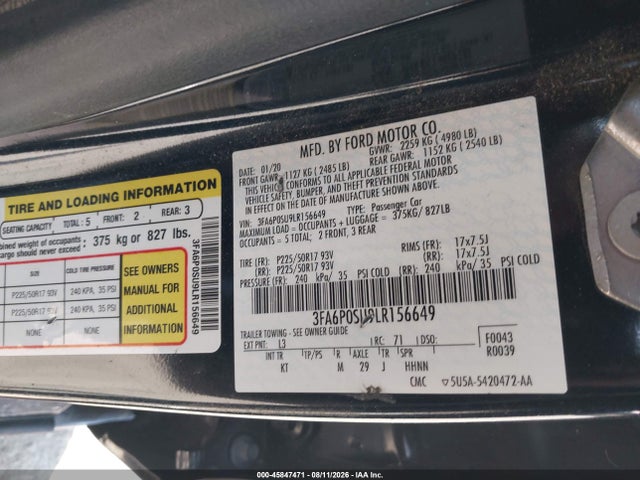 Aukcja sprzedaży 2020 Ford Fusion Plug-in Hybrid Titanium, vin: 3FA6P0SU9LR156649, numer aukcji: 45847471