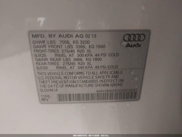 45847478 :رقم المزاد ، WA1VMAFEXDD012247 vin ، 2013 Audi Q7 3.0 Tdi Premium مزاد بيع